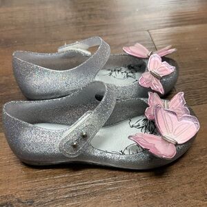 Toddler Girls Mini Melissa Silver Glitter Butterfly Jelly Flats Size 11